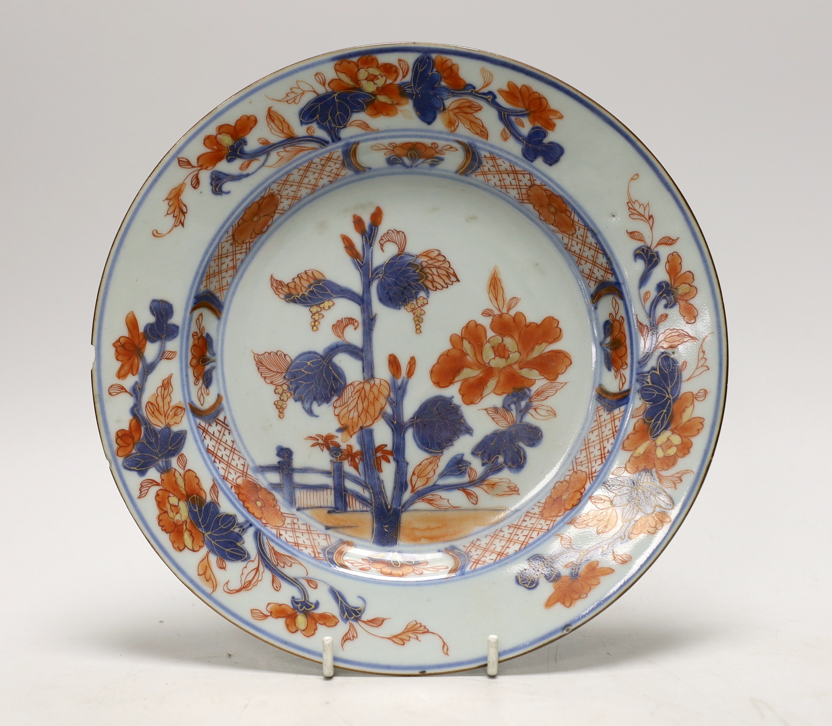 Six 18th century Chinese porcelain bowls (a.f.) and a Chinese imari plate, largest bowl 20cm diameter